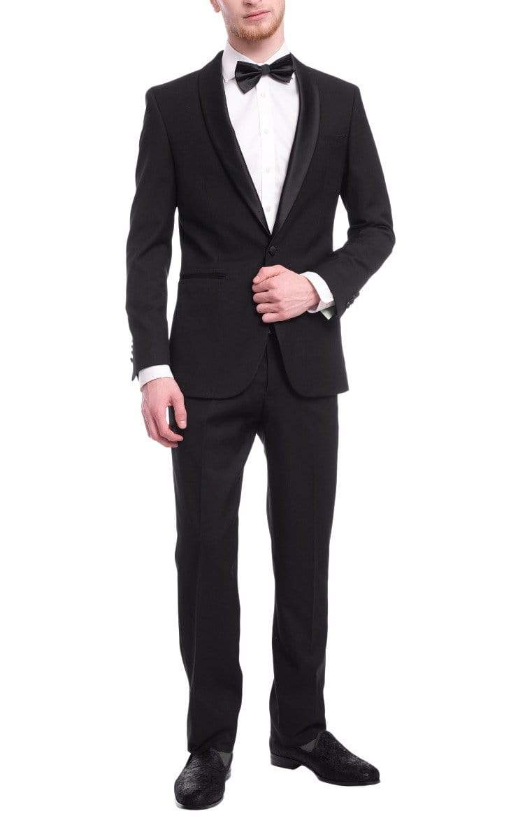 Bello TUXEDOS 36S Men's Slim Fit 1 Button Shawl Lapel Tuxedo Jacket & Pants - Solid Black