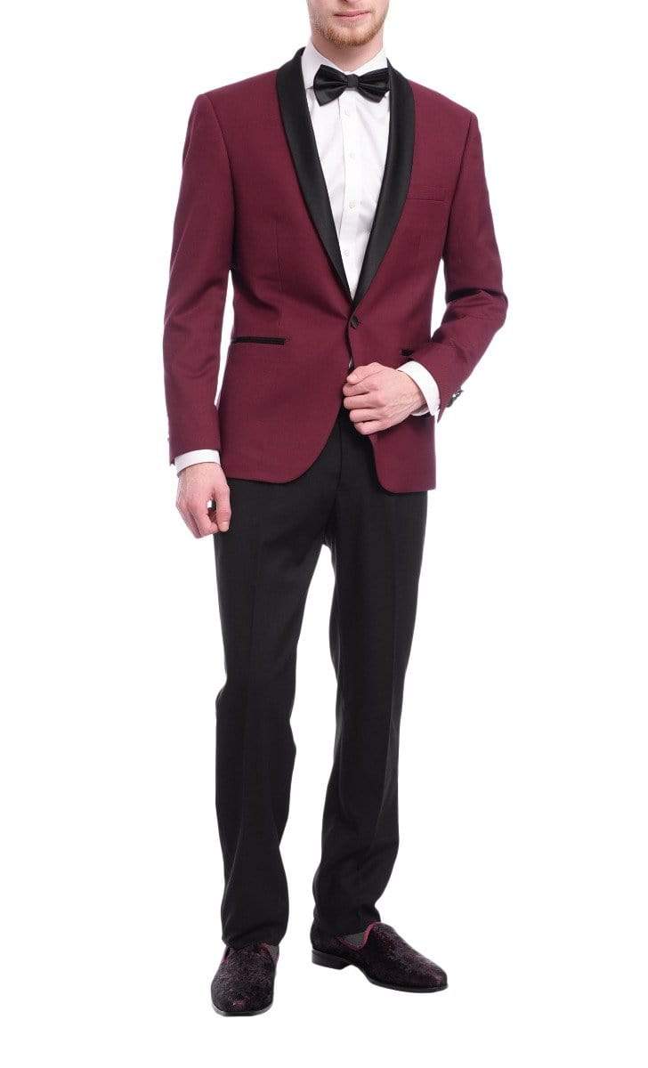 Bello TUXEDOS 46R Men's Slim Fit Burgundy 1 Button Shawl Lapel Tuxedo Jacket & Pants