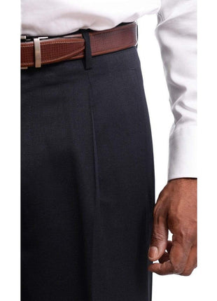 Black Diamond PANTS Mens Black Diamond Classic Fit Solid Navy Blue Pleated Wool Dress Pants