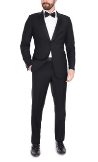 Thumbnail for Blujacket SUITS Blujacket Men's Black Italian Wool Canvassed Slim Fit Shawl Lapel Tuxedo Suit
