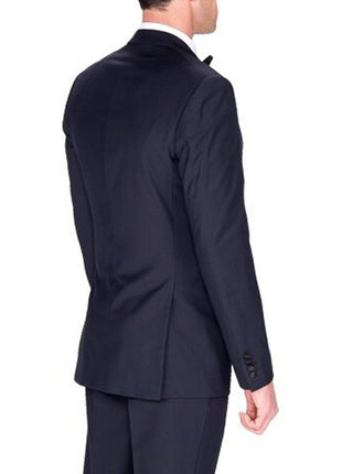 side back view of navy blue tuxedo