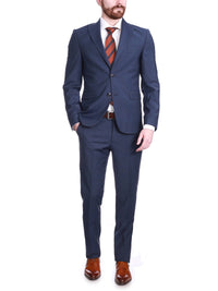 Thumbnail for Carducci SUITS Carducci Mens Navy Blue Plaid Wool Blend Slim Fit Suit With Peak Lapels