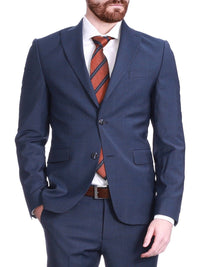 Thumbnail for Carducci SUITS Carducci Mens Navy Blue Plaid Wool Blend Slim Fit Suit With Peak Lapels
