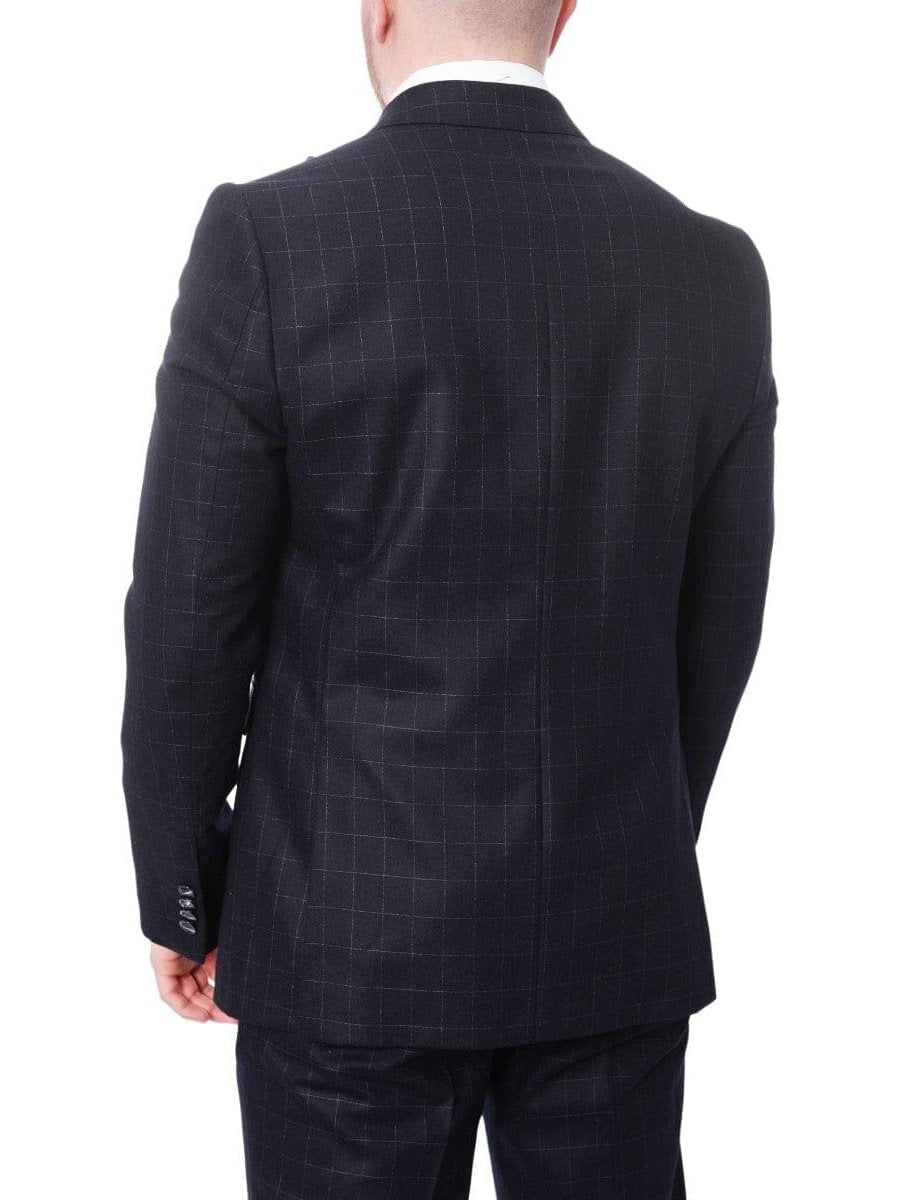 Carducci TWO PIECE SUITS Carducci Mens Double Breasted Navy Windowpane 100% Wool Flannel Slim Fit Suit