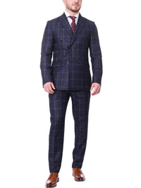 Thumbnail for Carducci TWO PIECE SUITS Carducci Mens Navy Blue Windowpane 100% Wool Flannel Slim Fit Suit