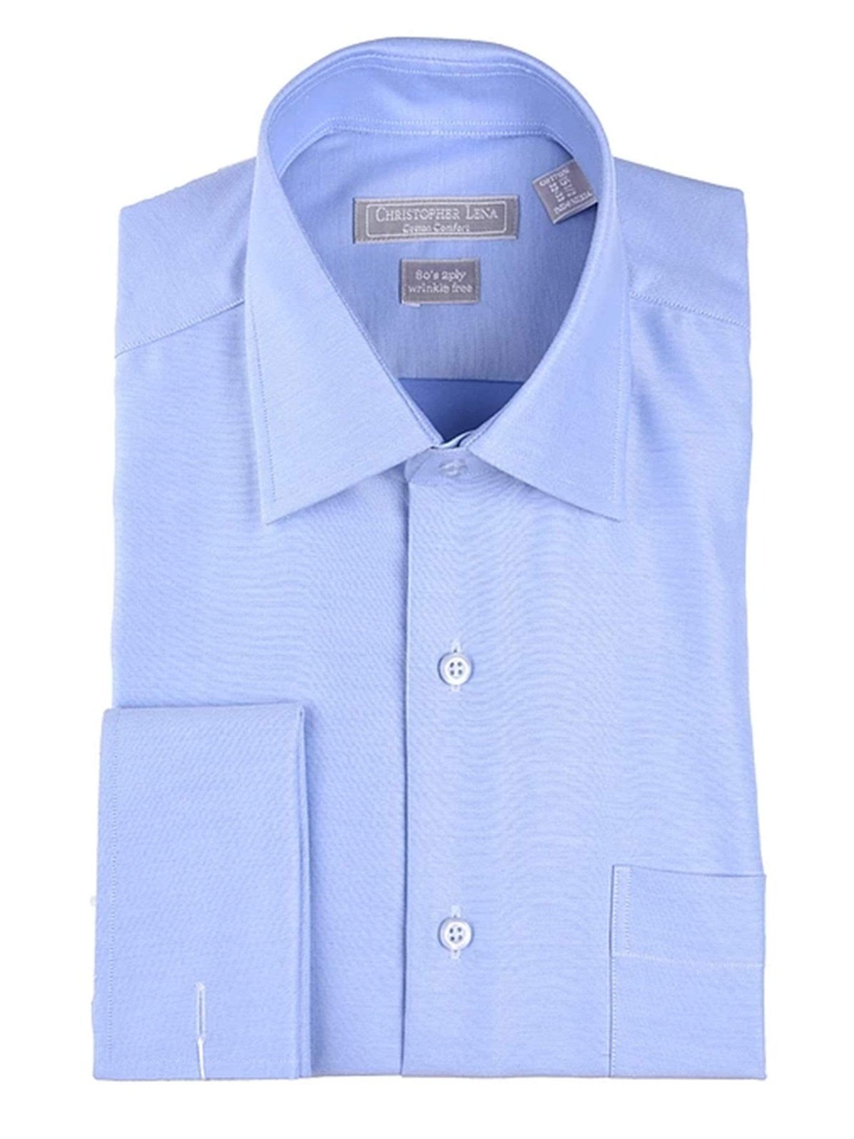 Christopher Lena SHIRTS 16 32/33 Blue Twill Spread Collar French Cuff Wrinkle Free 80s 2ply Cotton Dress Shirt