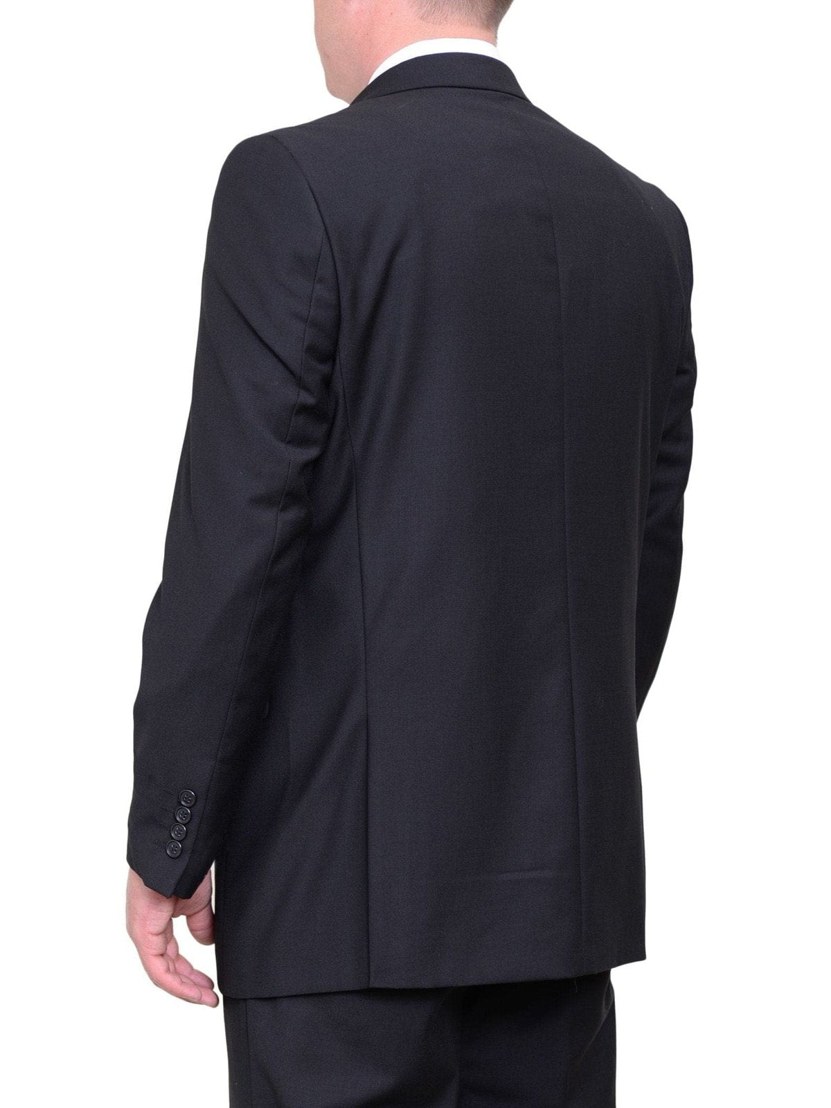 back view of black slim fit two button men's blazer