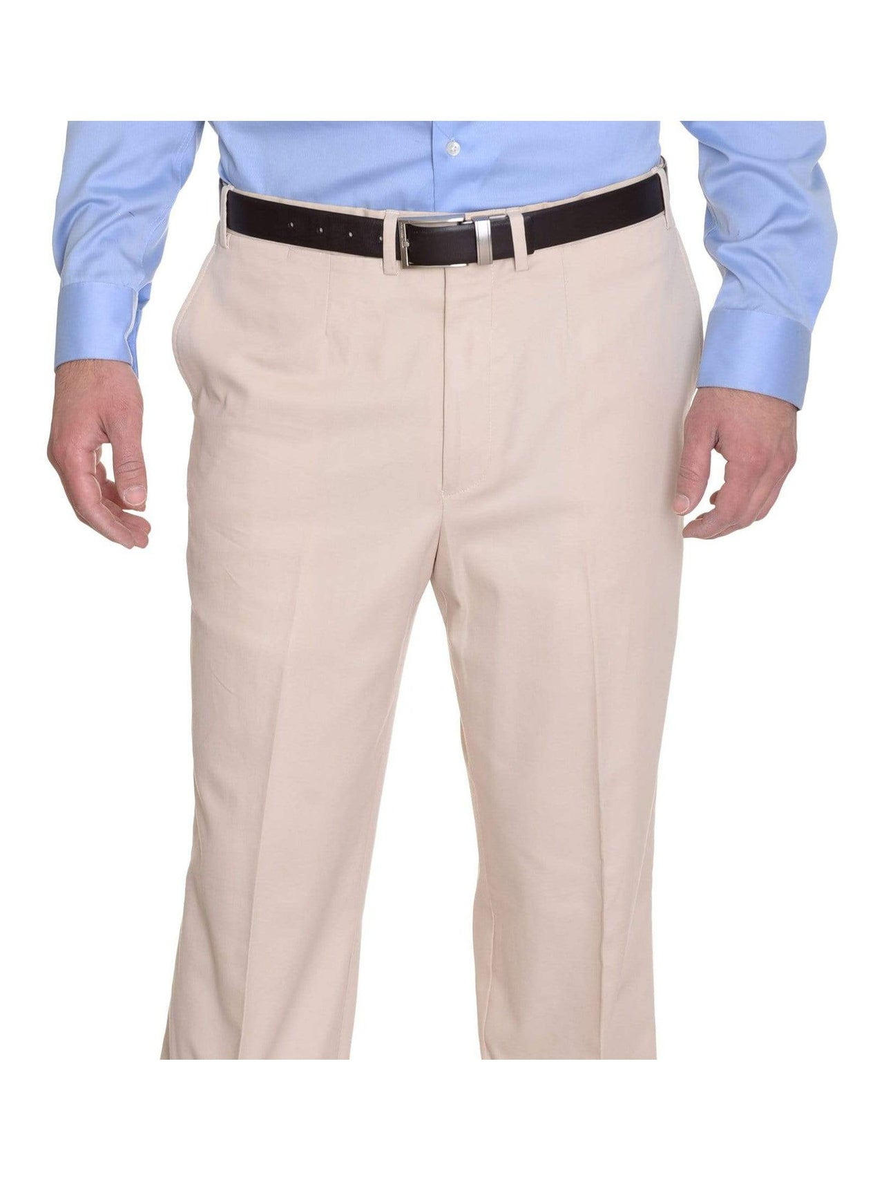 Crespi PANTS 34W Crespi Classic Fit Solid Light Beige Khaki Flat Front Cotton Casual Pants