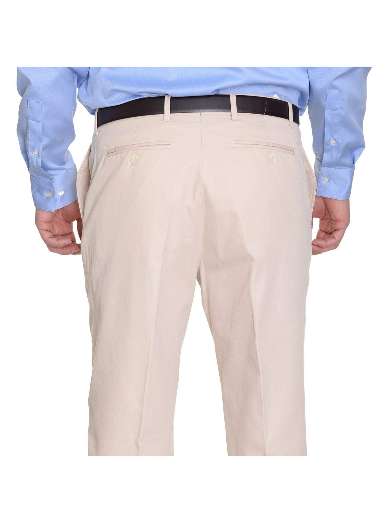 Crespi PANTS Crespi Classic Fit Solid Light Beige Khaki Flat Front Cotton Casual Pants