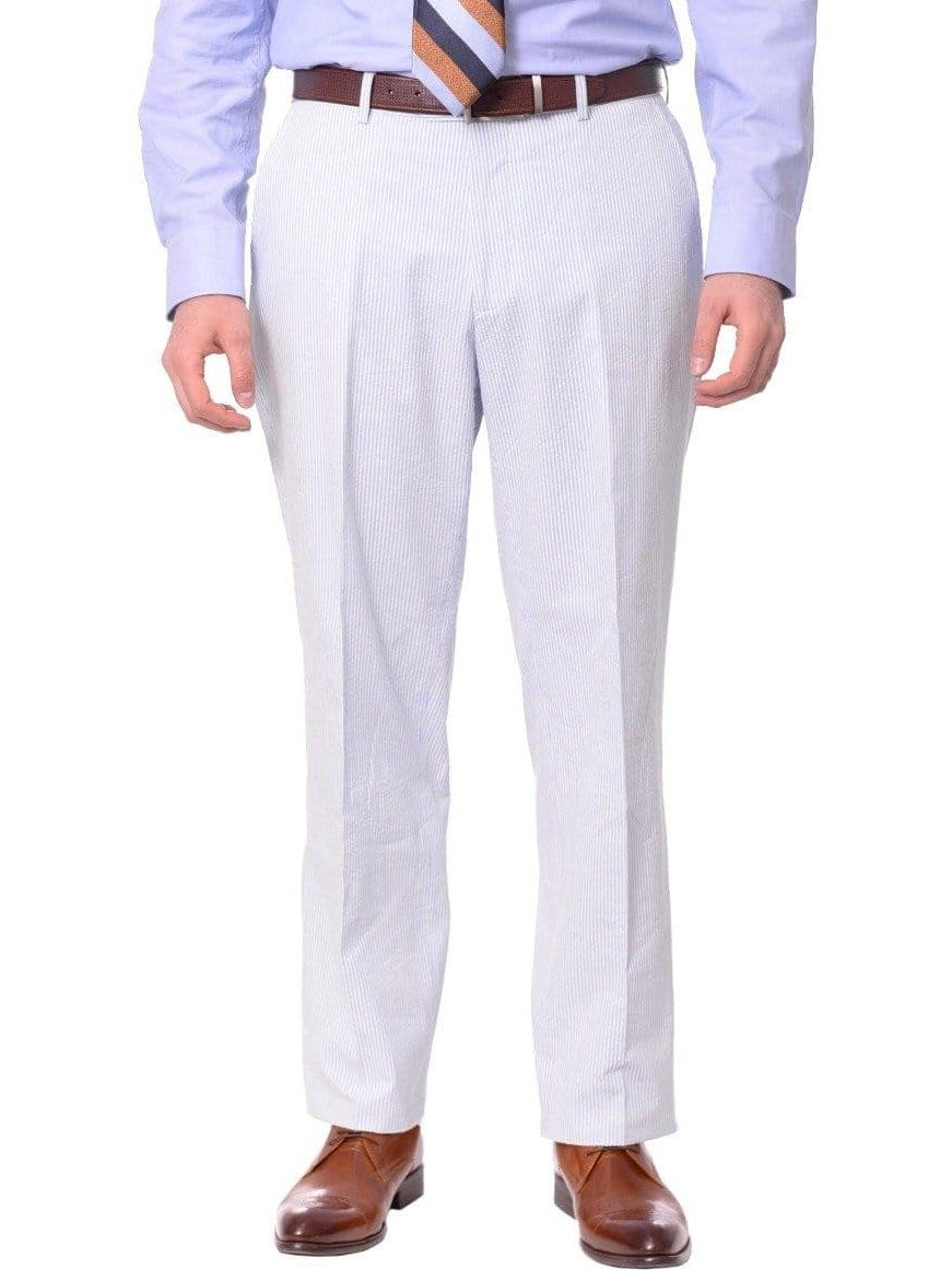 blue and white striped cotton seersucker suit pants
