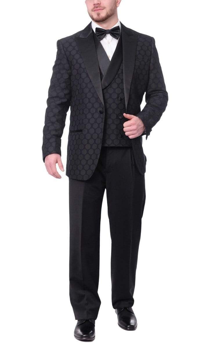 Extrema TUXEDOS XL Extrema Mens Black Dots Cotton Blend Slim Fit 3 Piece Tuxedo With Peak Lapels