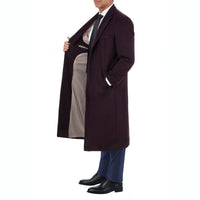 Thumbnail for Label E OUTERWEAR Mens Regular Fit Solid Burgundy Full Length Wool Cashmere Overcoat Top Coat