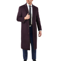 Thumbnail for Label E OUTERWEAR Mens Regular Fit Solid Burgundy Full Length Wool Cashmere Overcoat Top Coat