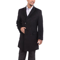 Thumbnail for Label E OUTERWEAR Mens Solid Black 3/4 Length Double Breasted Wool Cashmere Overcoat Top Coat