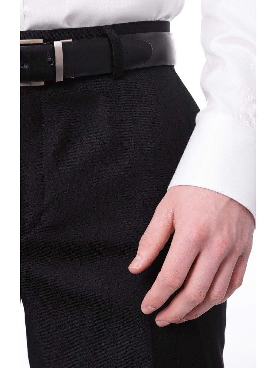 Label M Bestselling Items Mens Extra Slim Fit Solid Black Flat Front Wool Dress Pants