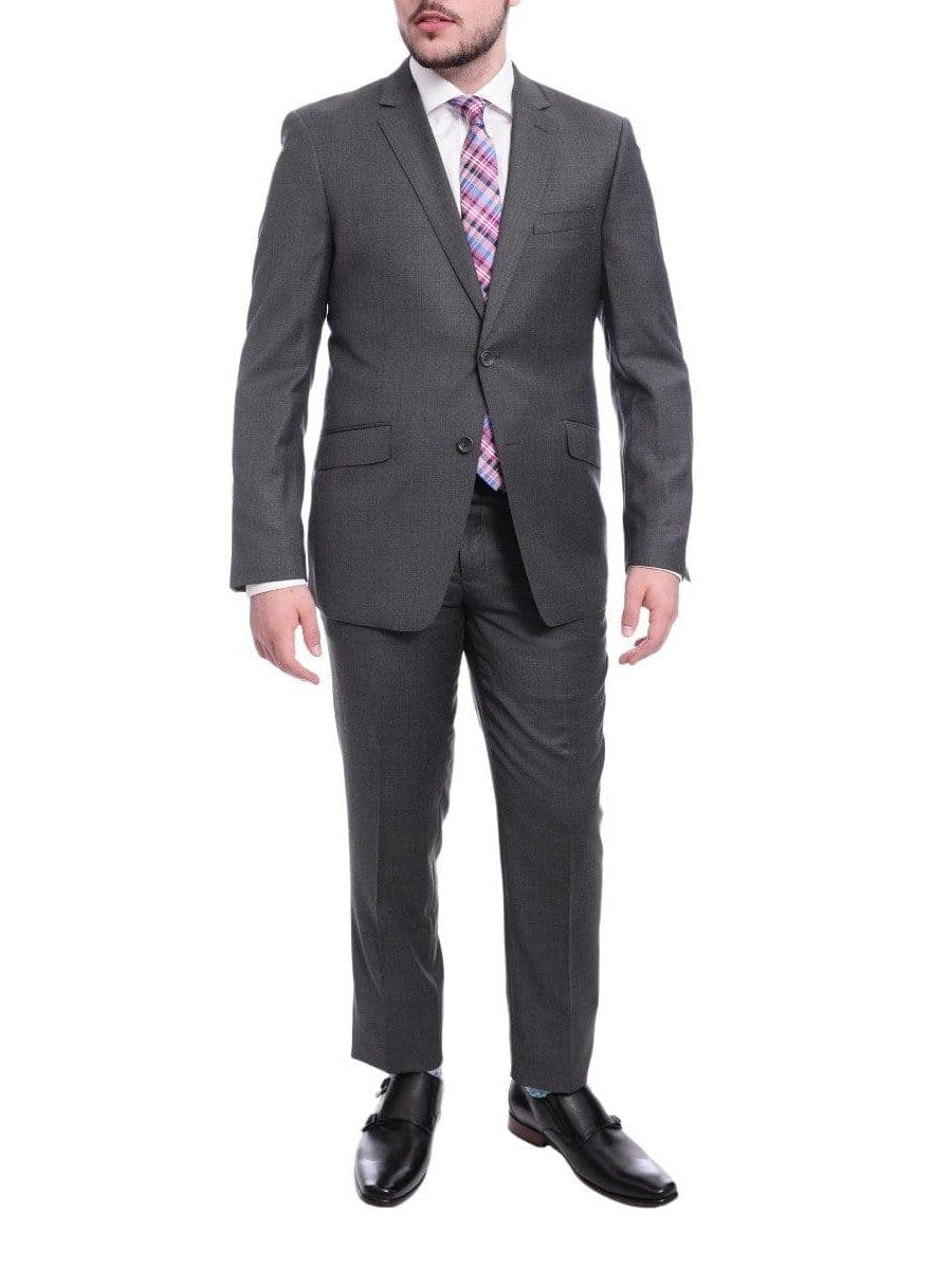 Label M TWO PIECE SUITS Medium Gray / 40R Mens Extra Slim Fit Heather Medium Gray Two Button Wool Suit