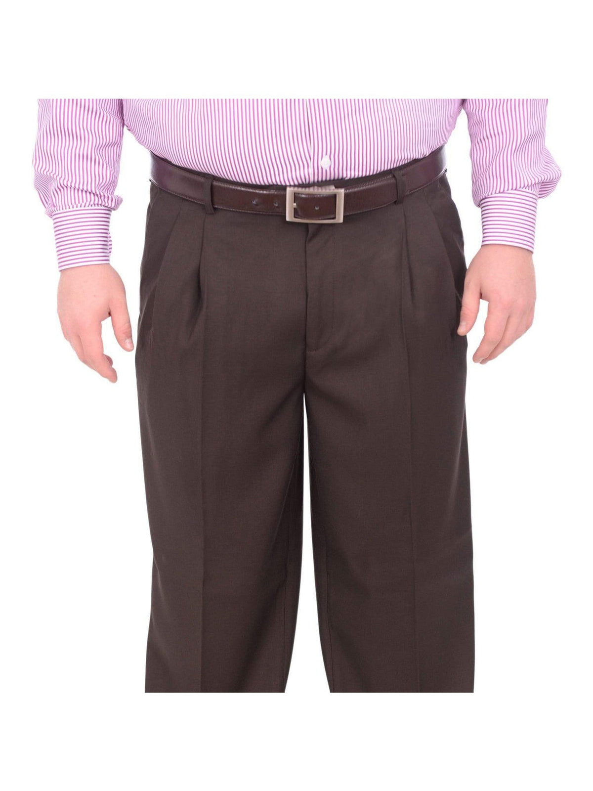 Mazari PANTS 36X32 Mazari Mens Classic Fit Solid Brown Double Pleated Washable Cuffed Dress Pants