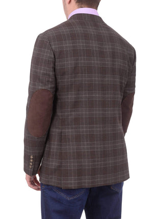 Napoli BLAZERS Mens Napoli Brown Plaid Half Canvassed Wool Blazer Sportcoat With Elbow Patches