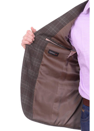 Napoli BLAZERS Mens Napoli Brown Plaid Half Canvassed Wool Blazer Sportcoat With Elbow Patches