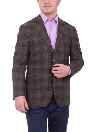 Napoli BLAZERS Mens Napoli Brown Plaid Half Canvassed Wool Blazer Sportcoat With Elbow Patches