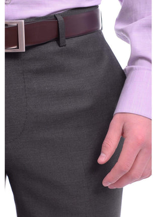 Napoli PANTS Mens Napoli Slim Fit Solid Charcoal Gray Flat Front Wool Dress Pants