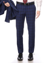 Thumbnail for Napoli SUITS Napoli Mens Blue Plaid Half Canvassed 100% Italian Wool Slim Fit Suit