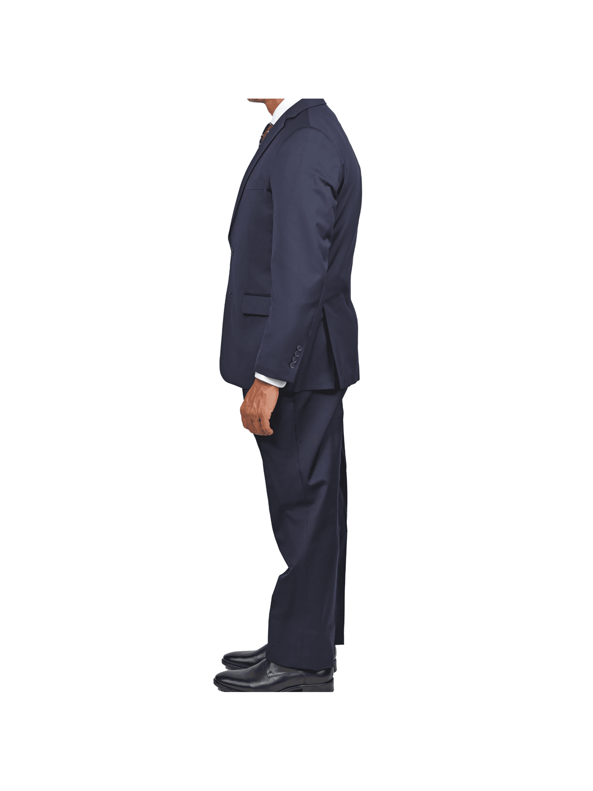 side view of navy blue classic fit suit