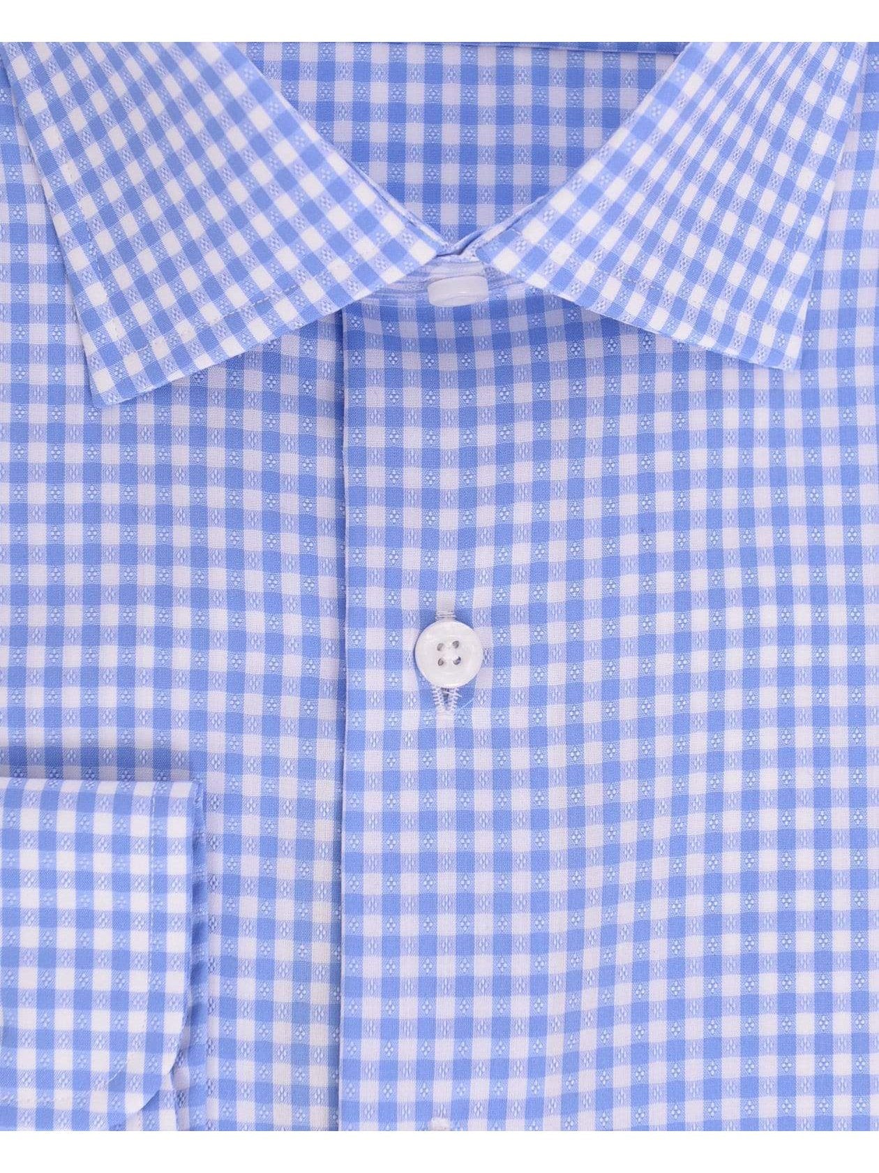 Proper Shirtings SHIRTS Blue & White Check Spread Collar Wrinkle Free 100 2 Ply Cotton Dress Shirt
