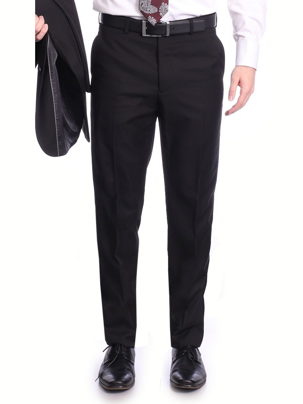 Raphael PANTS Raphael Classic Fit Solid Black Flat Front Washable Prehemmed Dress Pants