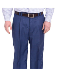 Thumbnail for Steven Land Classic Fit Blue Windowpane Plaid Pleated Wide Leg Wool Dress Pants - The Suit Depot