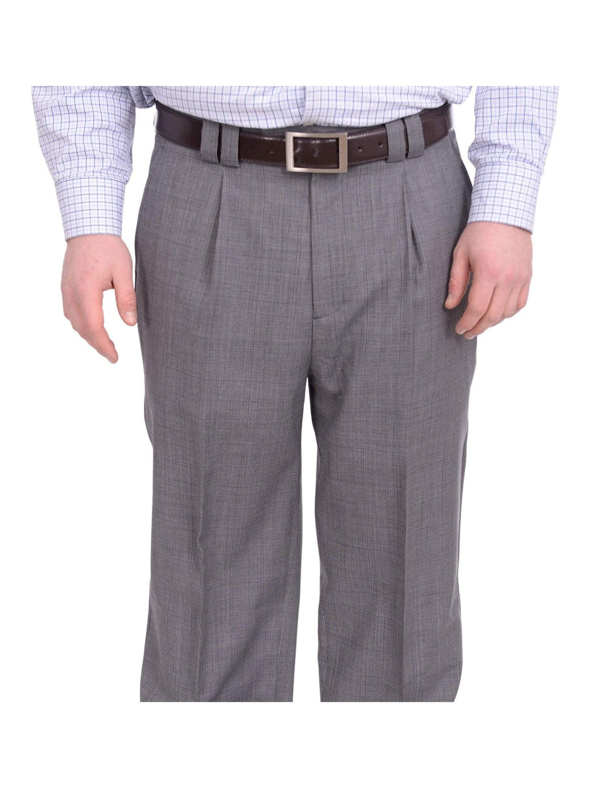 Steven Land Classic Fit Gray Plaid Single Pleated Wide Leg Wool Dress Pants - The Suit Depot