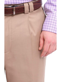 Thumbnail for Steven Land Classic Fit Solid Tan Single Pleated Wide Leg Wool Dress Pants - The Suit Depot