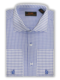 Thumbnail for Steven Land SHIRTS Steven Land Mens Blue Check Spread Collar French Cuff 100% Cotton Dress Shirt
