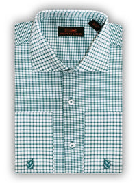 Thumbnail for Steven Land SHIRTS Steven Land Mens Green Check 100% Cotton Spread Collar French Cuff Dress Shirt