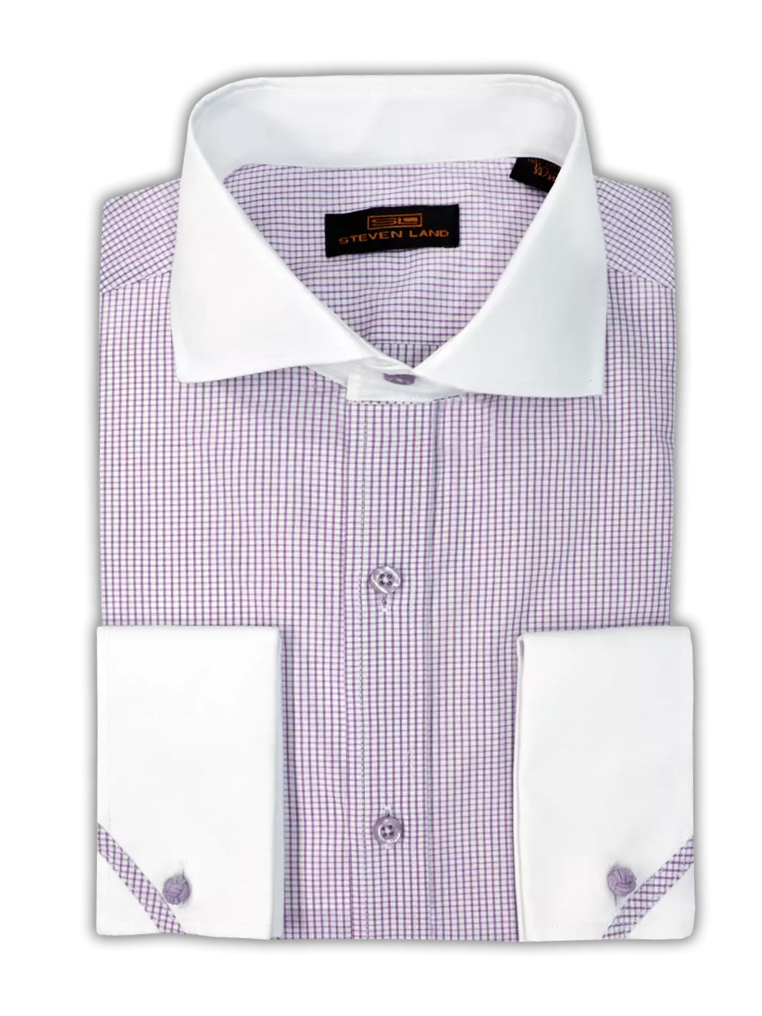 Steven Land SHIRTS Steven Land Mens Purple Check Contrast Collar & French Cuff Cotton Dress Shirt