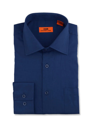 Steven Land SHIRTS Steven Land Mens Solid Navy Blue Spread Collar Wrinkle Free Cotton Dress Shirt