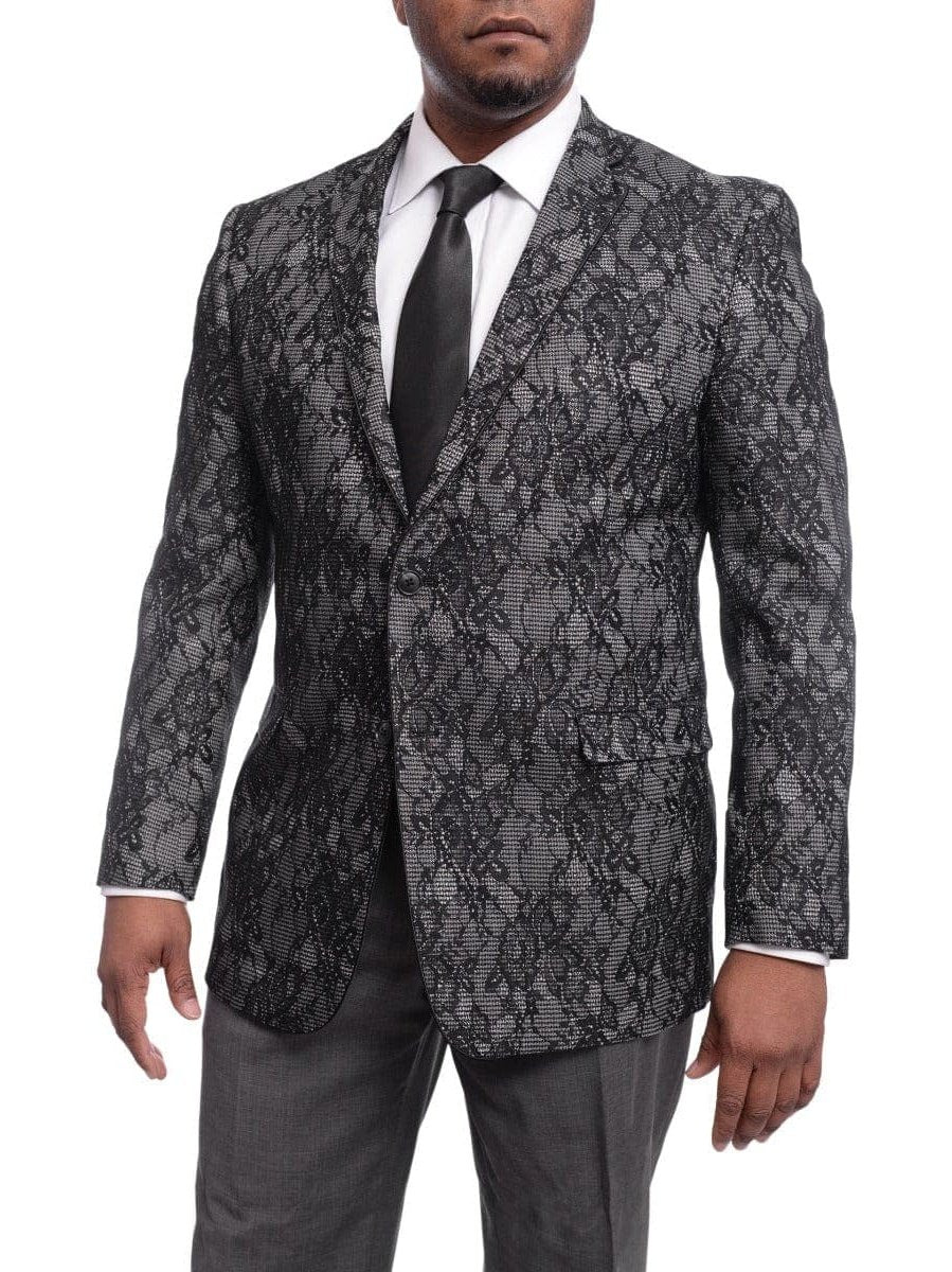 U.S. Polo U.S. Polo Slim Fit Black & Gray Floral Two Button Tuxedo Dinner Jacket