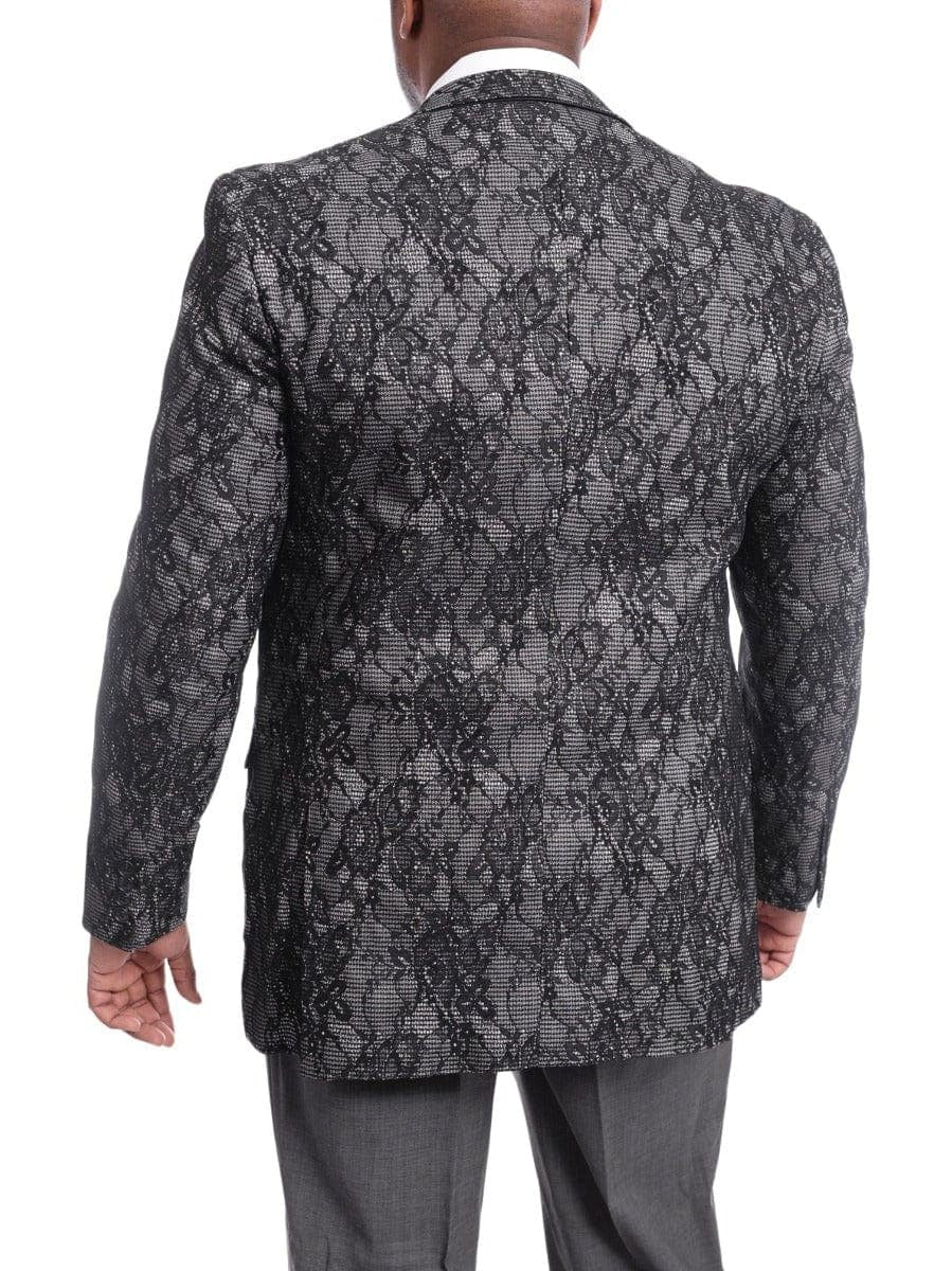 Back View of U.S. Polo U.S. Polo Slim Fit Black & Gray Floral Two Button Tuxedo Dinner Jacket