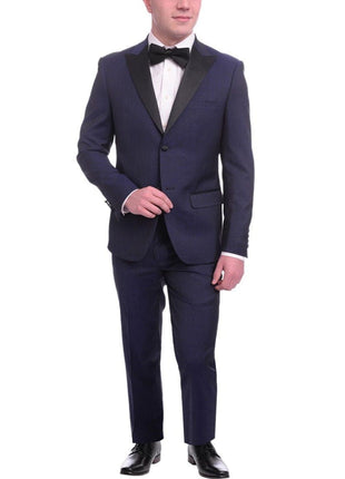 Unique by Dominic Wilkins Sale Suits Unique Slim Fit Midnight Blue Subtle Sheen Wool Tuxedo Suit Satin Peak Lapels