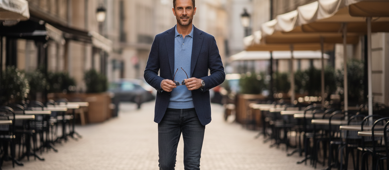 Man wearing a textured navy suit jacket styled casually with jeans and a light shirt, walking in an urban setting.