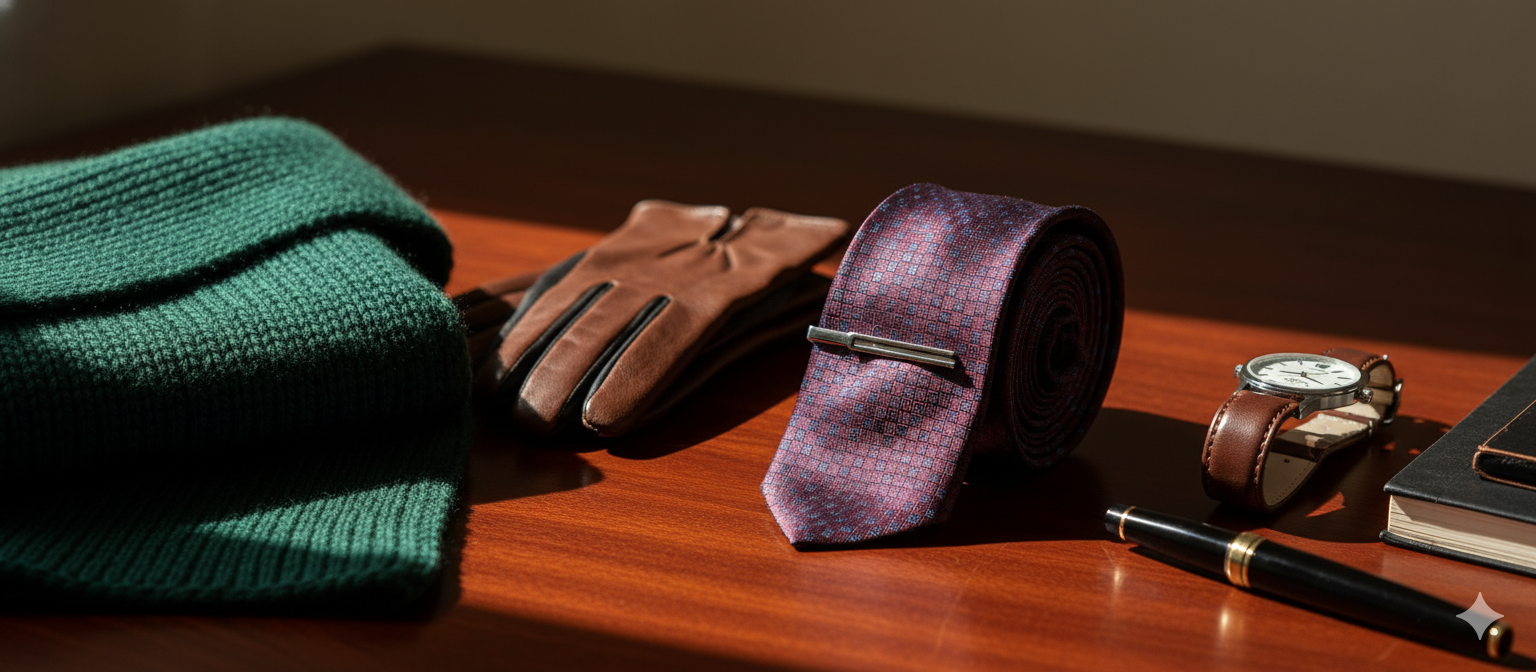 Luxury gift ideas for men including cashmere scarf, leather gloves, and silk tie