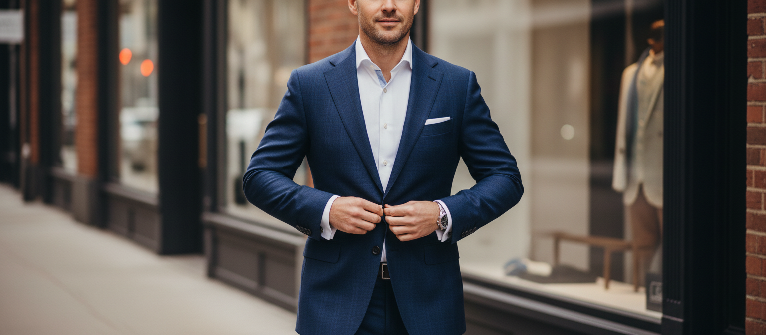 Well-dressed man in a classic navy suit representing smart shopping for men’s suits.