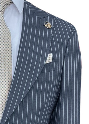 Romaster Men’s Navy Pinstripe Slim Fit Peak Lapels Stretch Wool Blend Suit