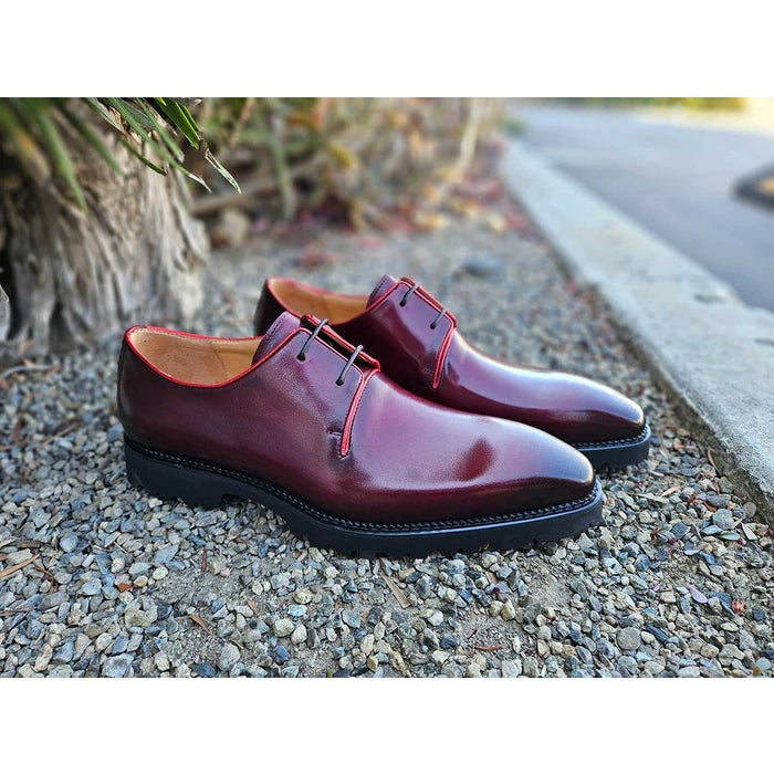 Carrucci Mens Burgundy Lace-up Oxford Leather Dress Shoes With Lug Sole