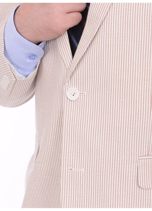 Emigre Classic Fit Tan Pinstriped Two Button Cotton Seersucker Blazer