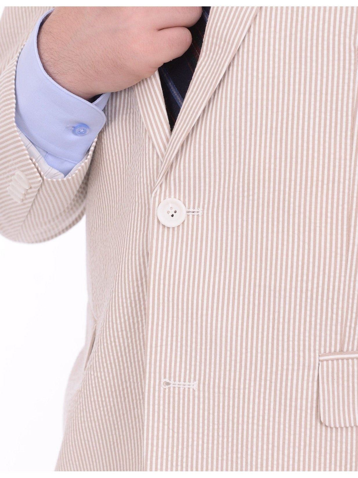 Emigre Classic Fit Tan Pinstriped Two Button Cotton Seersucker Blazer