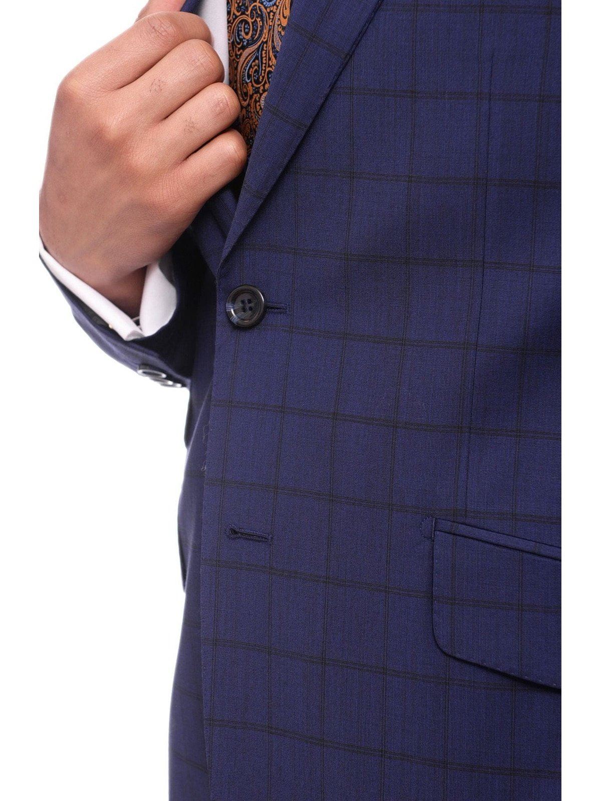 Napoli Slim Fit Blue Plaid Windowpane Two Button Half Canvassed 100% Wool Suit