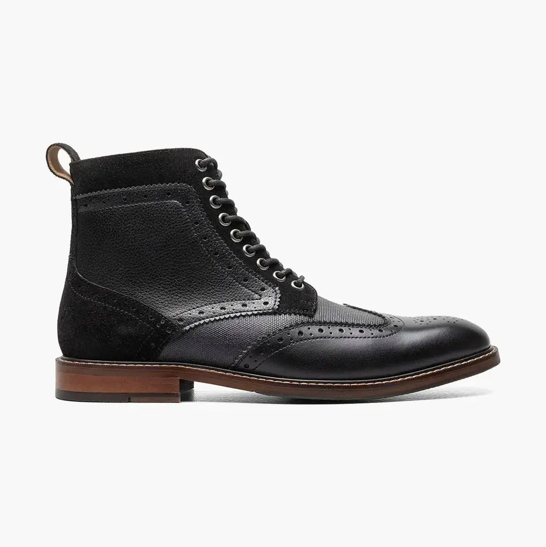 Stacy Adams Mens Finnegan Black Wingtip Lace-up Leather Dress Boot