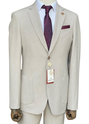 Pierre Carlos Pinstriped Beige Slim Fit Stretch Linen Suit with Drawstring Waist
