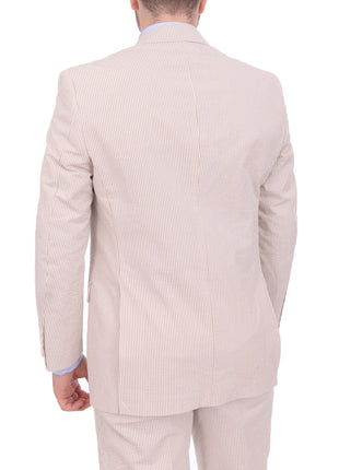 Emigre Classic Fit Tan Pinstriped Two Button Cotton Seersucker Blazer